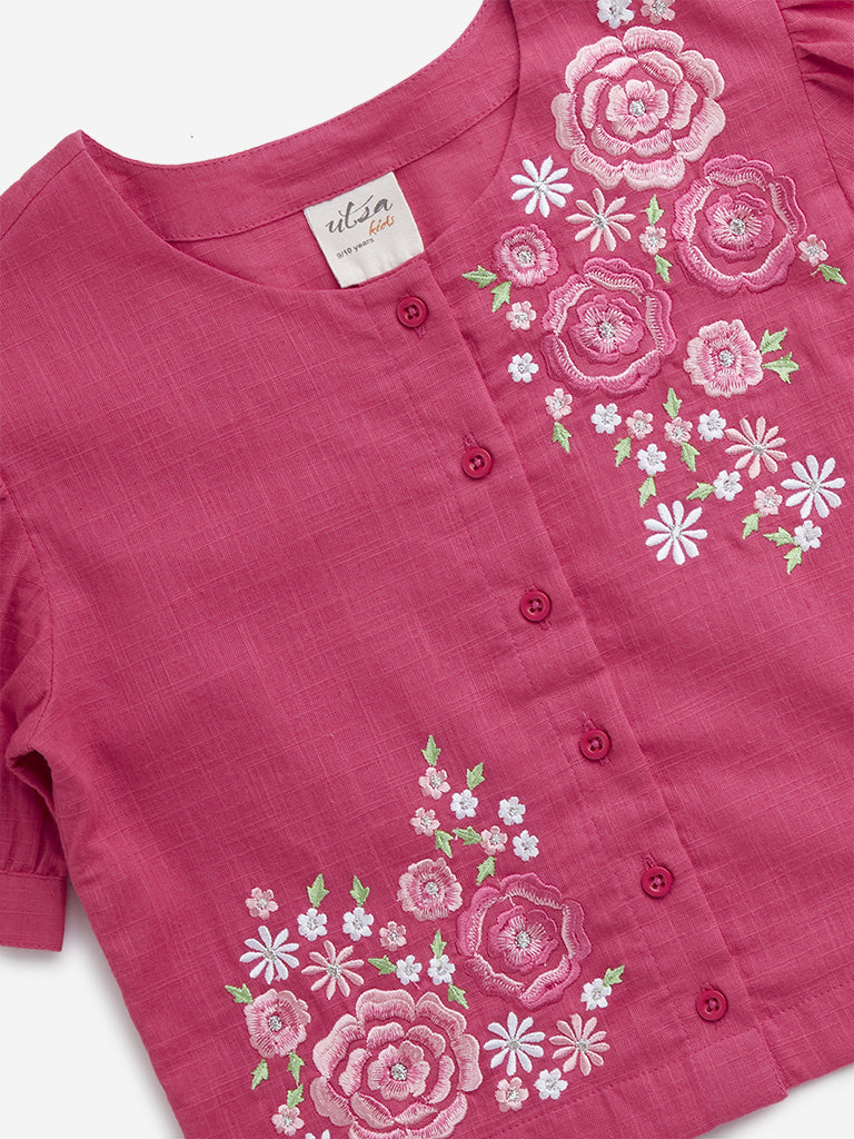 Utsa Kids Dark Pink Floral Embroidered Cotton Ethnic Top - (8 -14yrs)