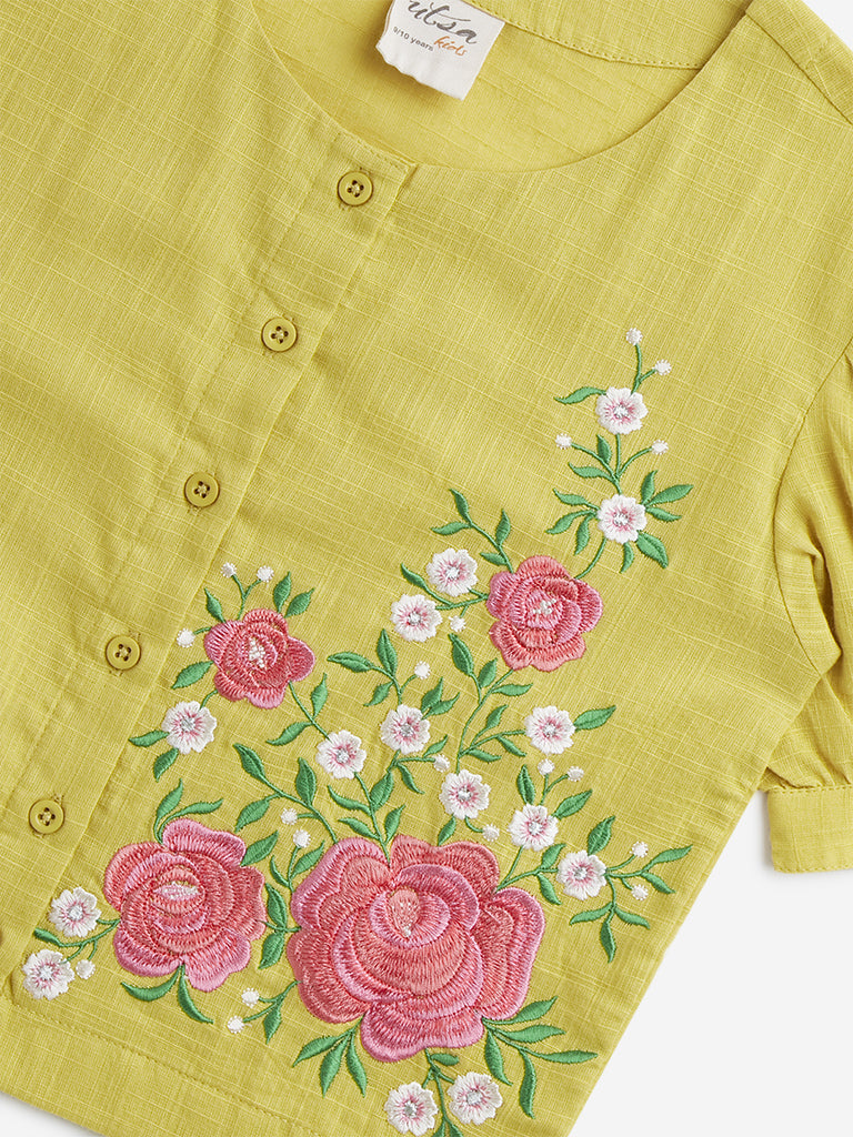 Utsa Kids Yellow Floral Embroidered Cotton Ethnic Top - (8 -14yrs)