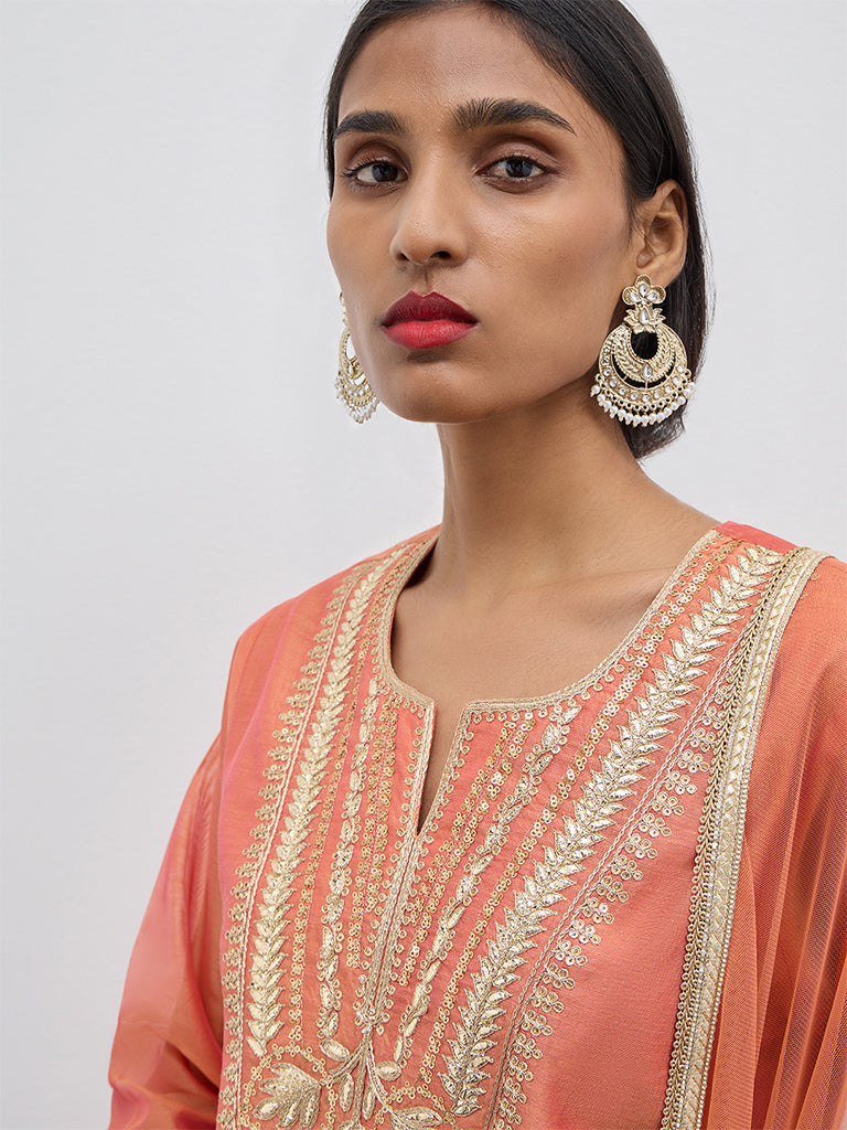 Vark Peach Embellished Kurti, Sharara and Dupatta Set