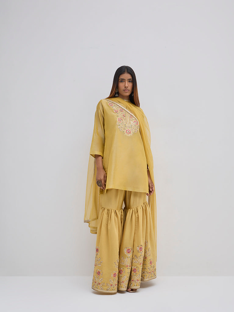 Vark Yellow Embellished Kurti, Sharara and Dupatta Set