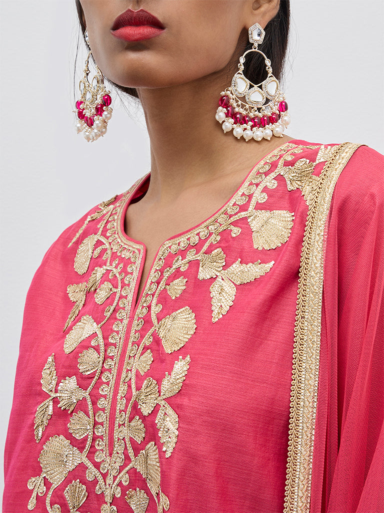 Vark Pink Embroidered Straight Kurti, Sharara & Dupatta Set