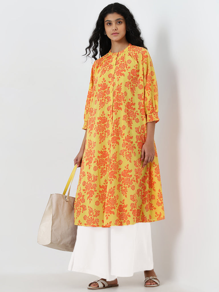 Utsa Yellow Rose Design A-Line Cotton Kurta