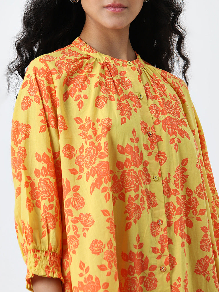 Utsa Yellow Rose Design A-Line Cotton Kurta