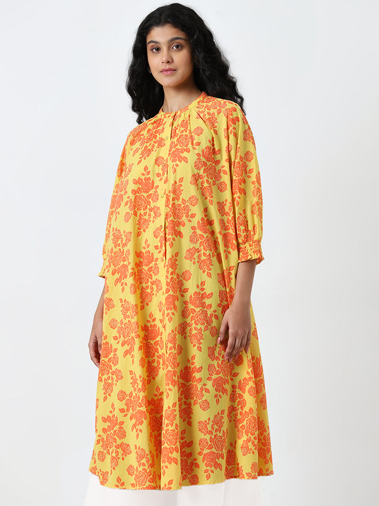 Utsa Yellow Rose Design A-Line Cotton Kurta