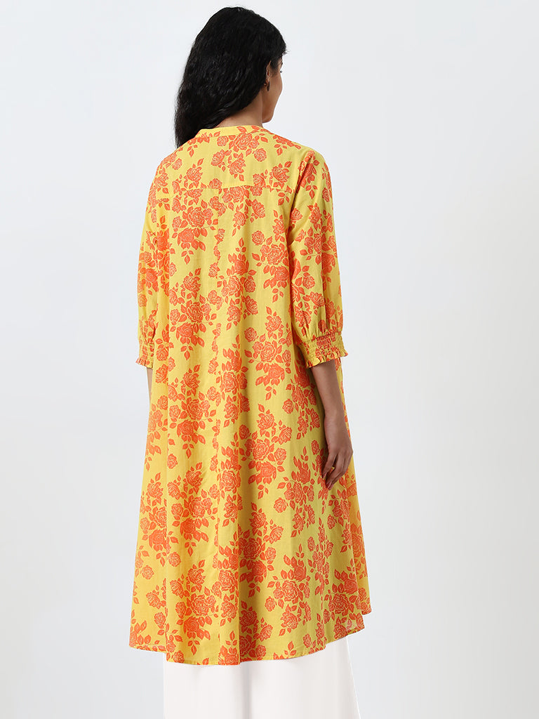 Utsa Yellow Rose Design A-Line Cotton Kurta