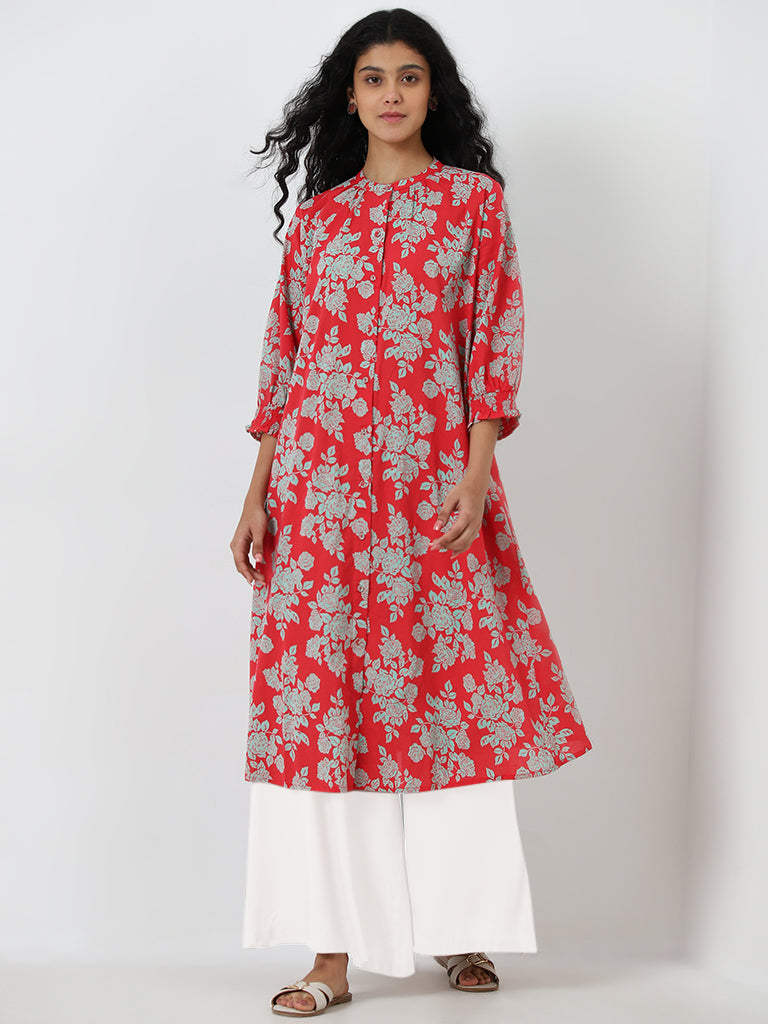 Utsa Red Floral A-Line Cotton Kurta