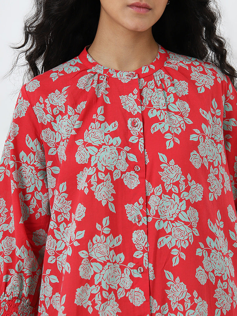 Utsa Red Floral A-Line Cotton Kurta