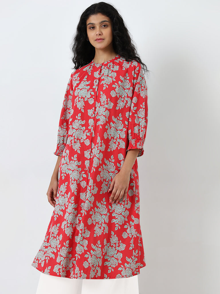 Utsa Red Floral A-Line Cotton Kurta