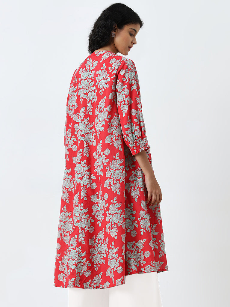 Utsa Red Floral A-Line Cotton Kurta