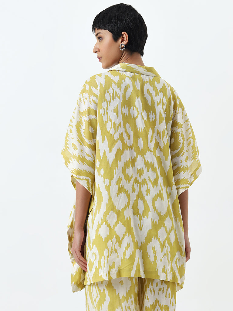 Utsa Yellow Ikat Printed Kaftan-Style A-Line Cotton Tunic