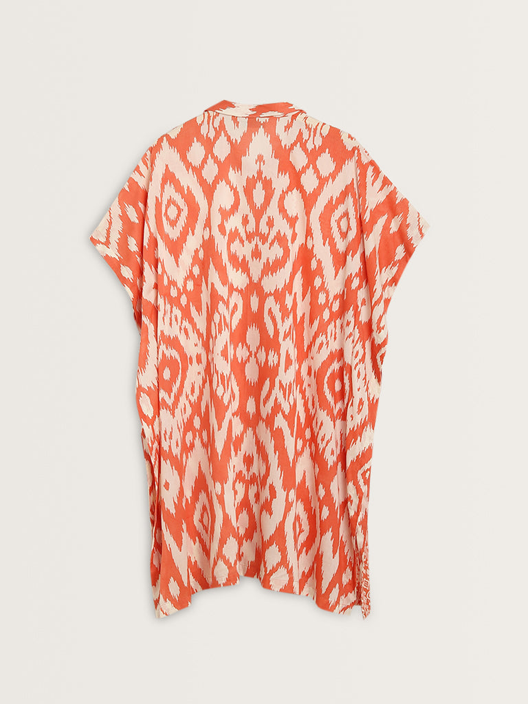 Utsa Orange Ikat Printed Cotton Kaftan -Style Kurta