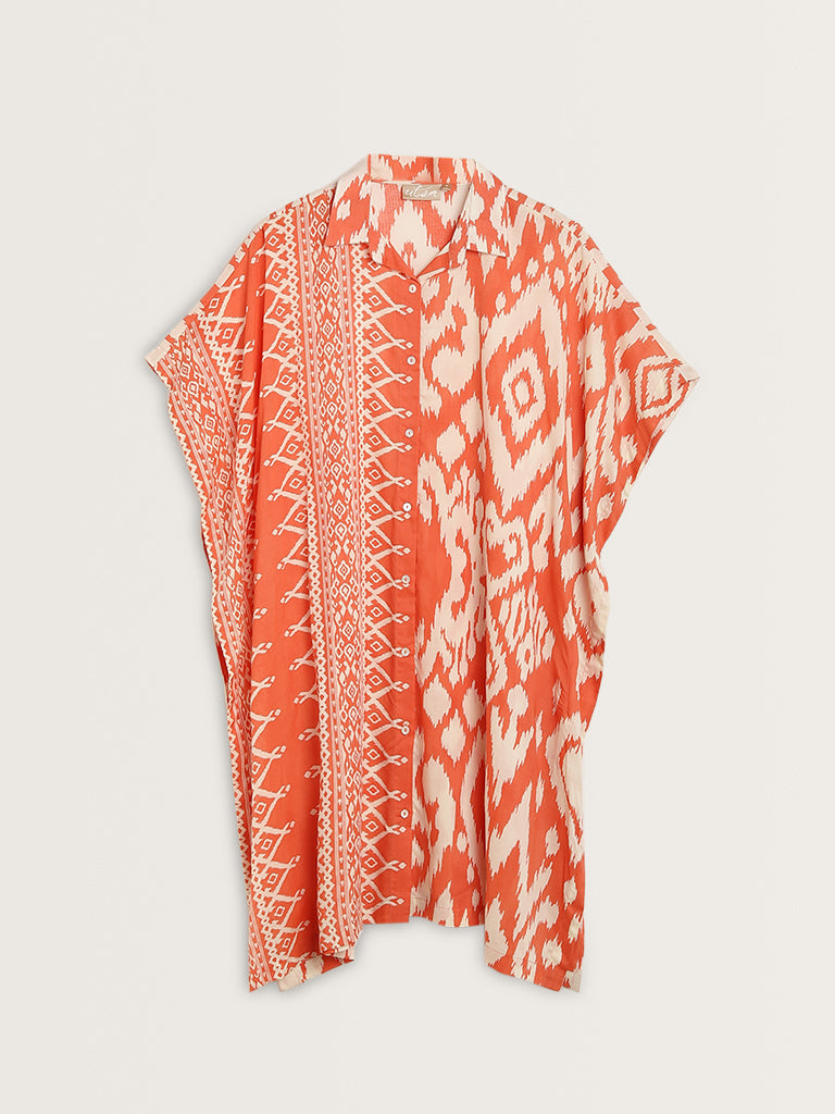 Utsa Orange Ikat Printed Cotton Kaftan -Style Kurta