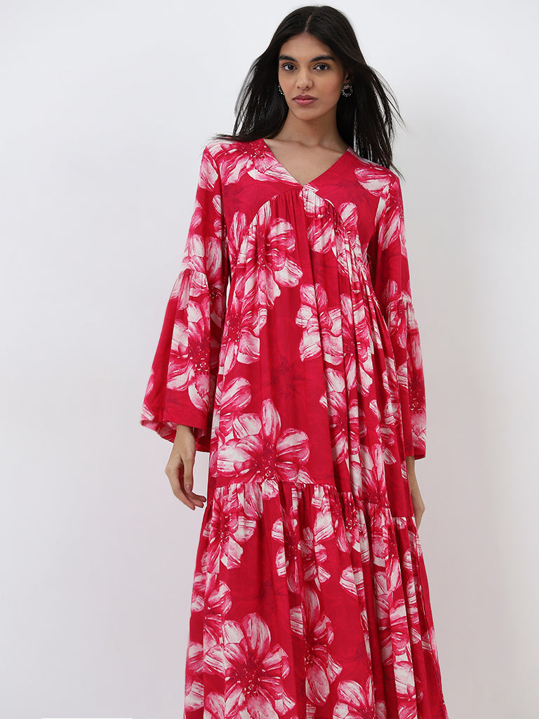 Utsa Pink Floral Printed A-Line Dress