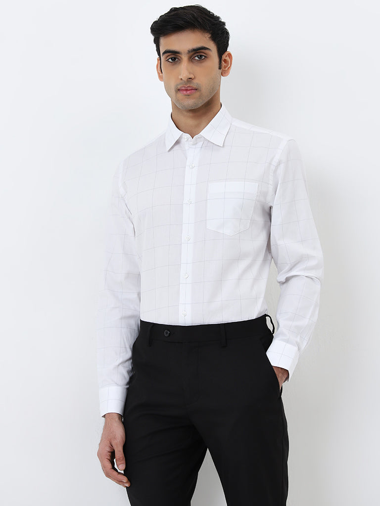 WES Formals White Checkered Slim-Fit Cotton Shirt