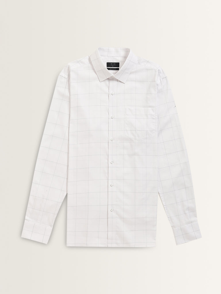 WES Formals White Checkered Slim-Fit Cotton Shirt