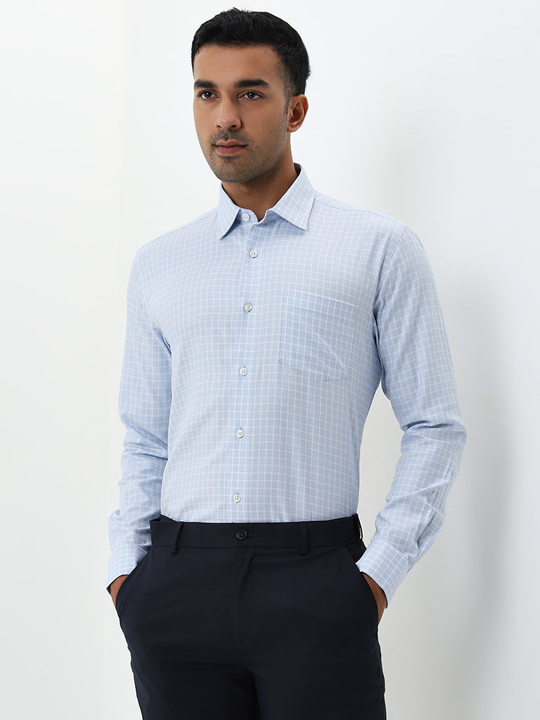 WES Formals Blue Checks Printed Relaxed-Fit Cotton Shirt