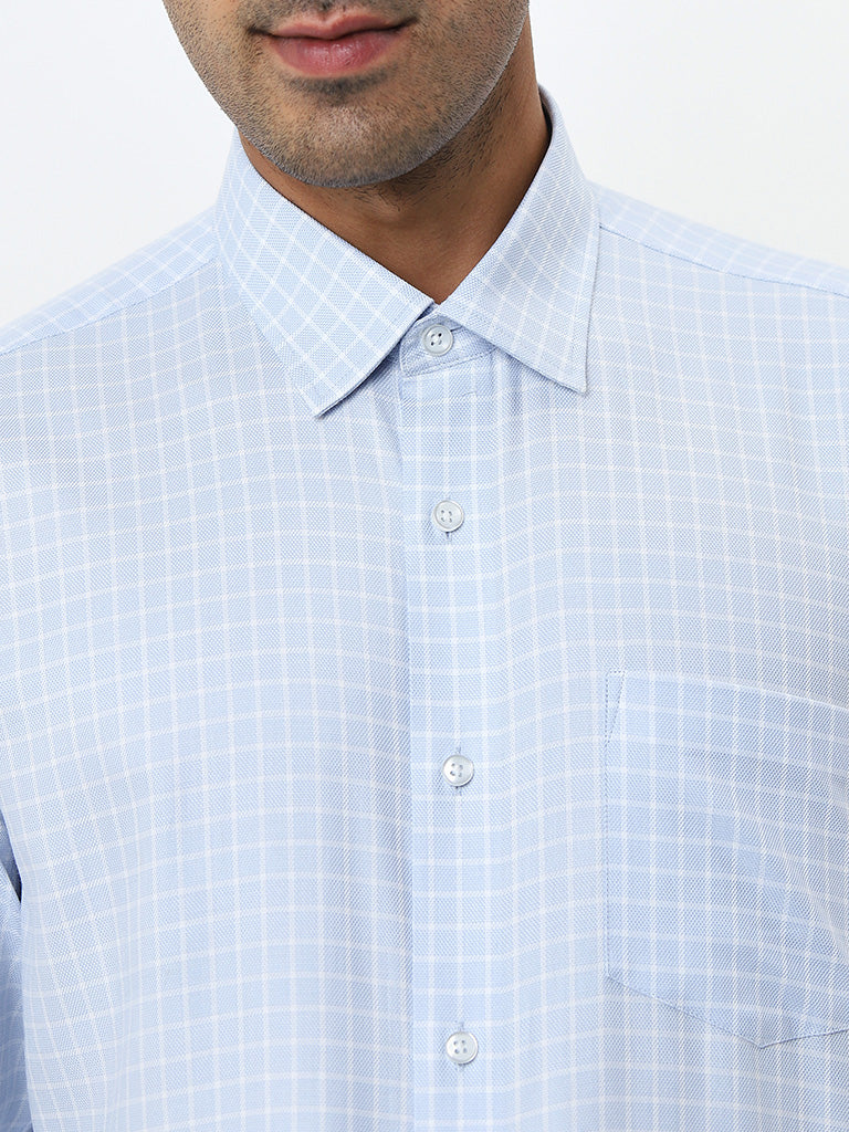 WES Formals Blue Checks Printed Relaxed-Fit Cotton Shirt