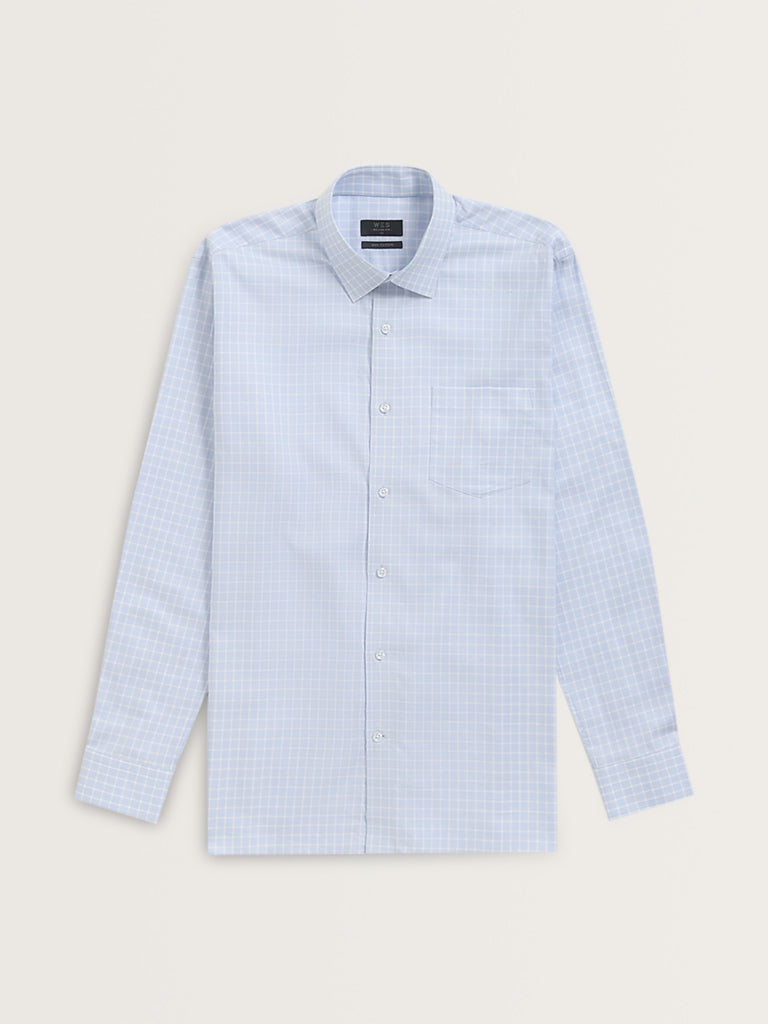 WES Formals Blue Checks Printed Relaxed-Fit Cotton Shirt