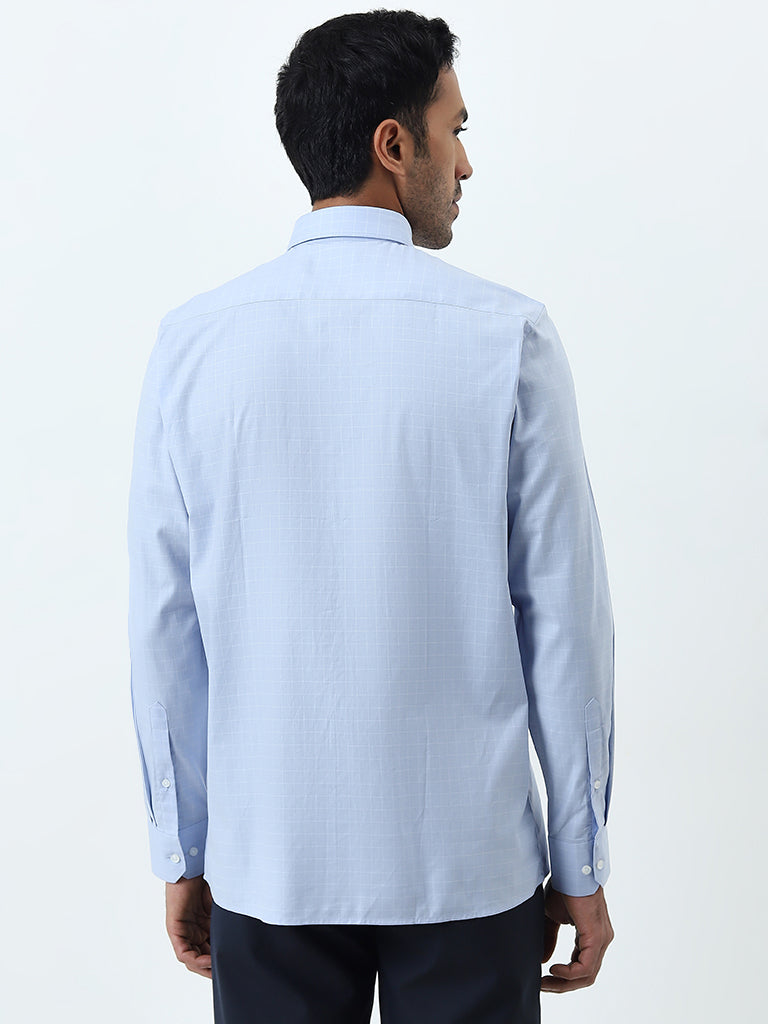 WES Formals Blue Checkered Slim-Fit Cotton Shirt