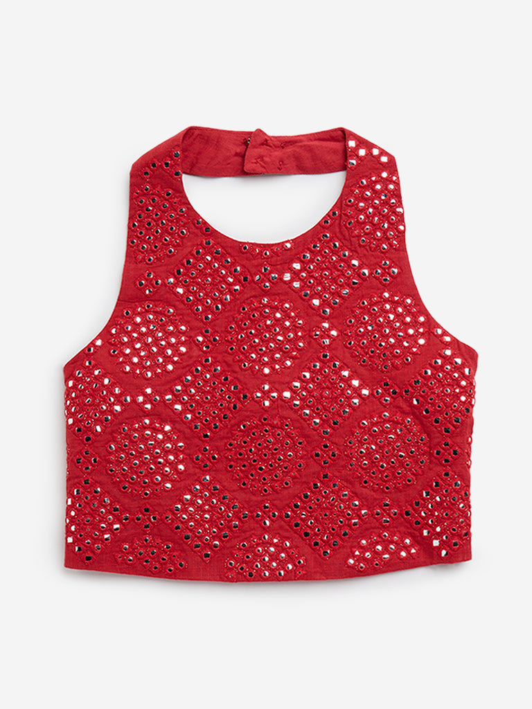 Utsa Kids Red Embellished Cotton Blouse - (8 -14yrs)