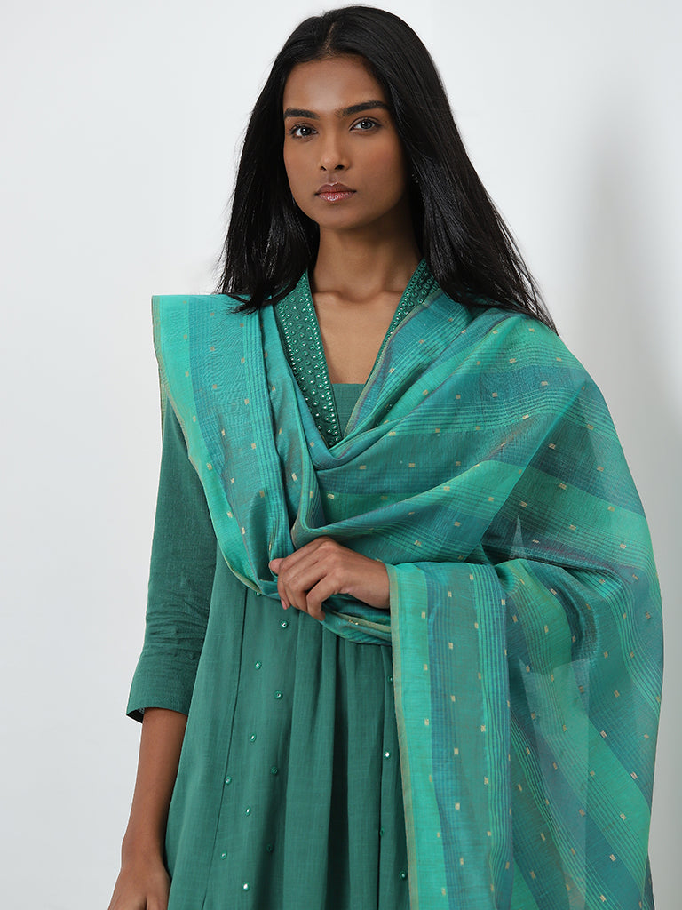 Utsa Turquoise Zari Embellished Striped Dupatta