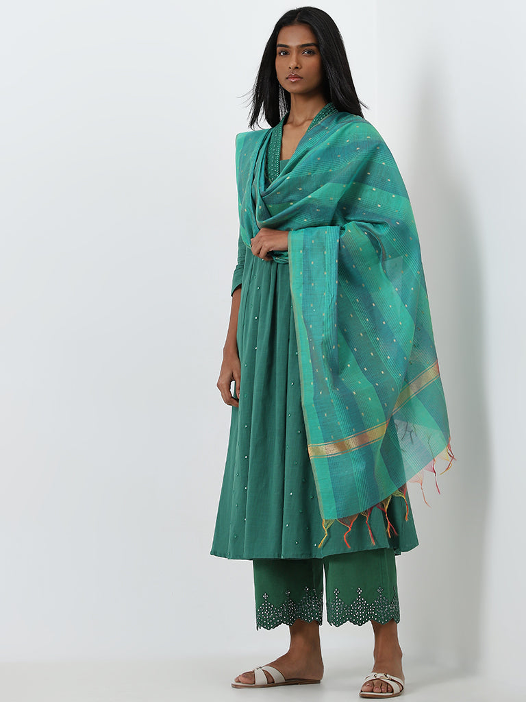 Utsa Turquoise Zari Embellished Striped Dupatta