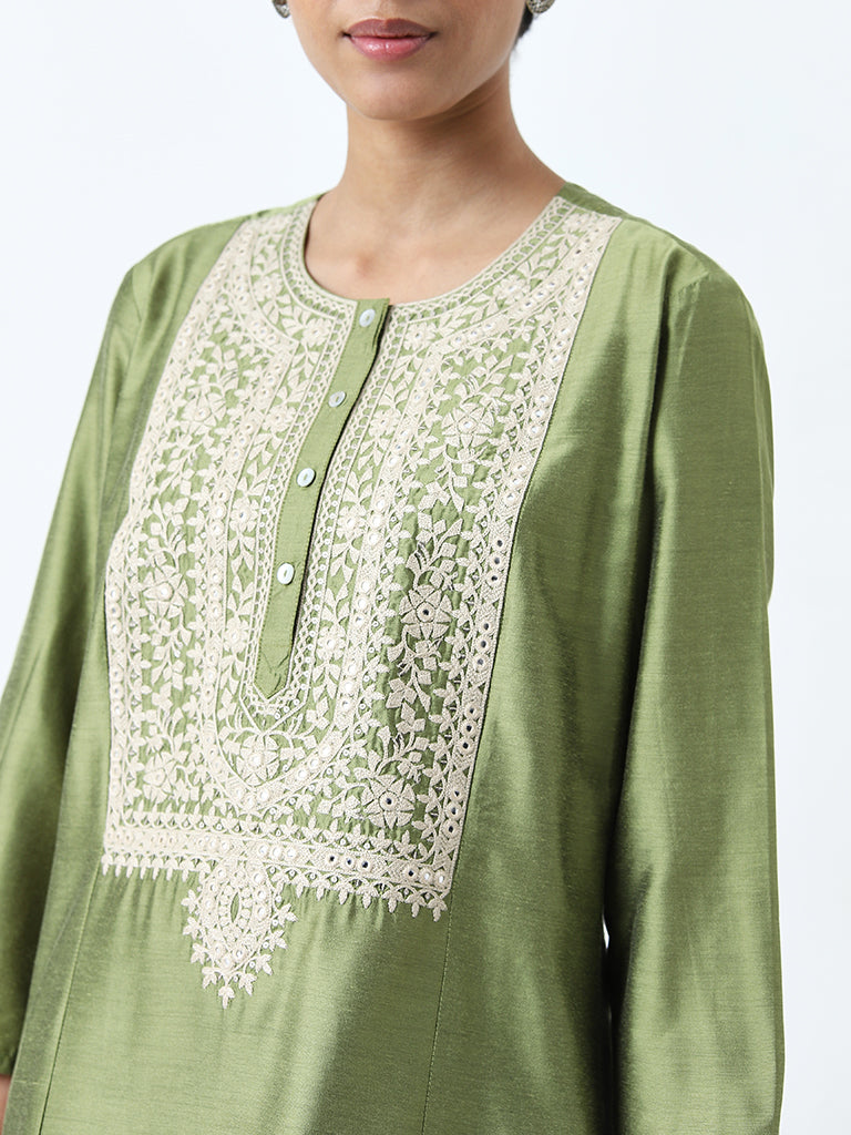 Utsa Sage Embroidered Straight Kurta