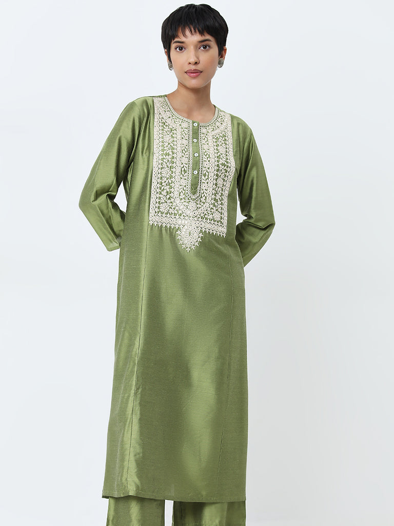 Utsa Sage Embroidered Straight Kurta