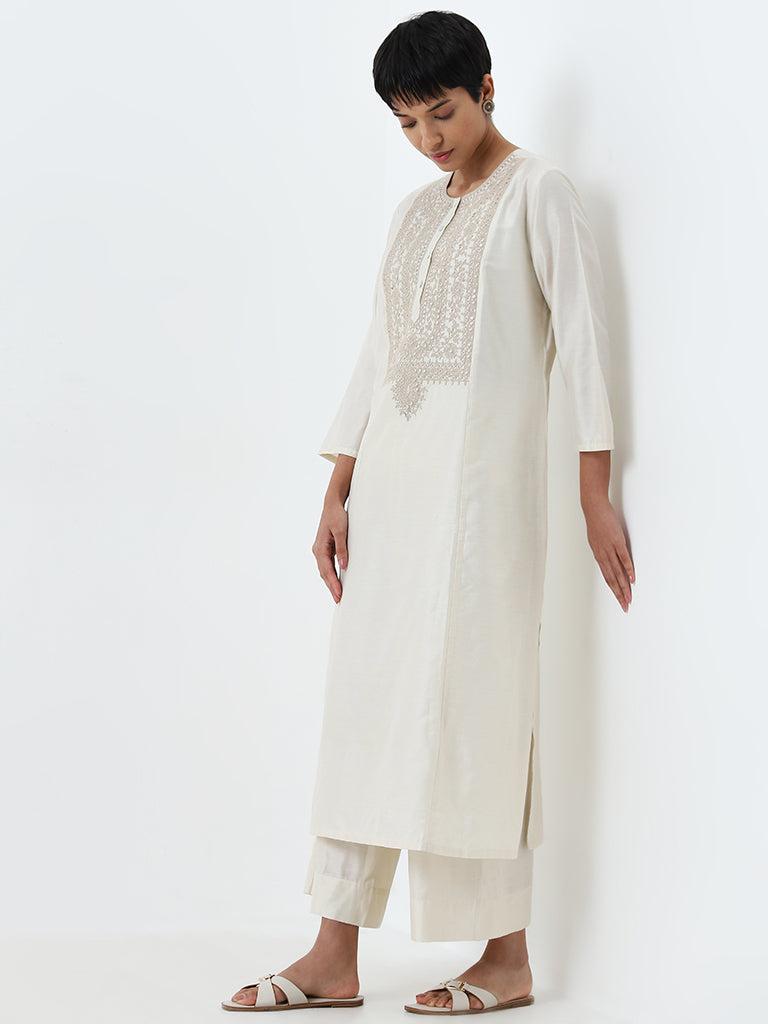 Utsa Ivory Embroidered Straight Kurta