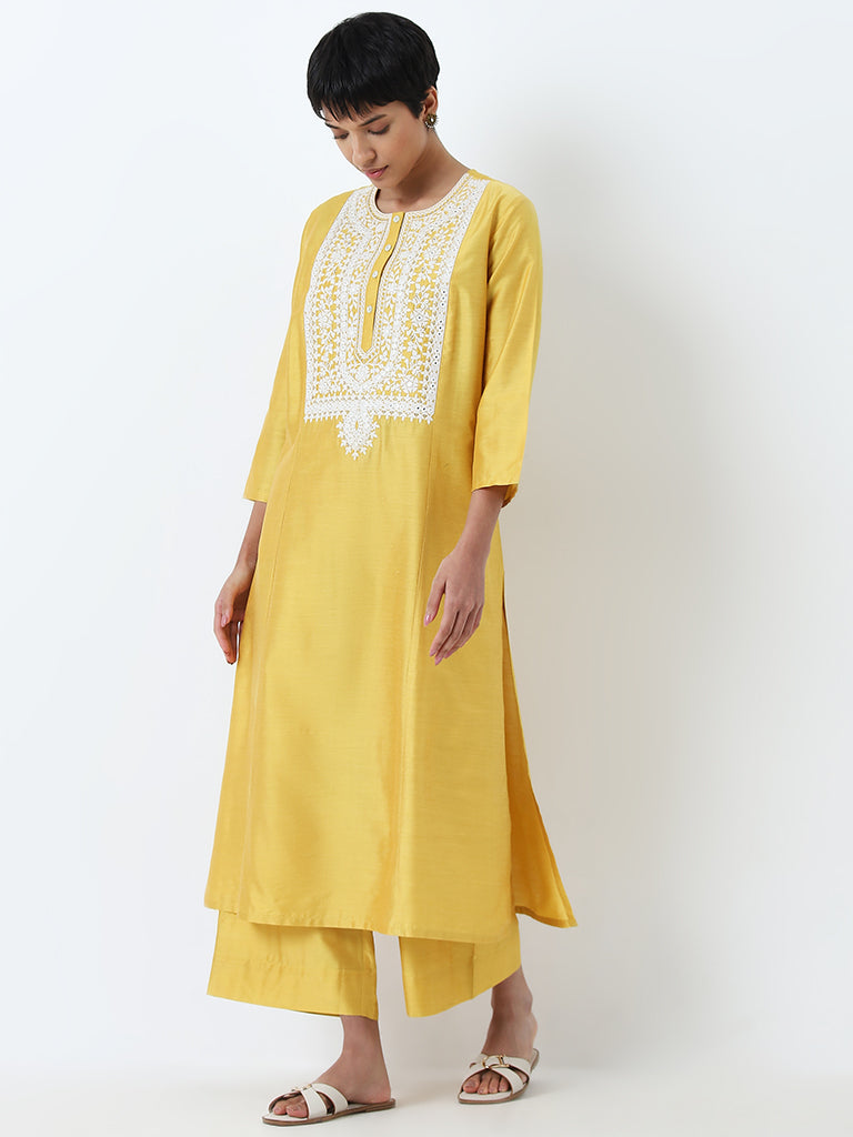 Utsa Yellow Embroidered Straight Kurta