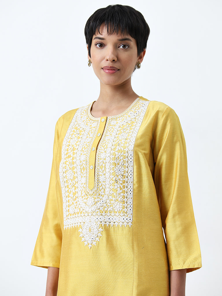 Utsa Yellow Embroidered Straight Kurta