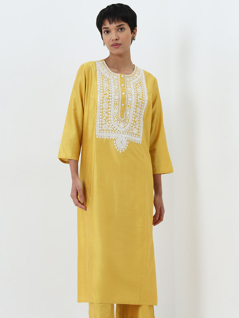 Utsa Yellow Embroidered Straight Kurta