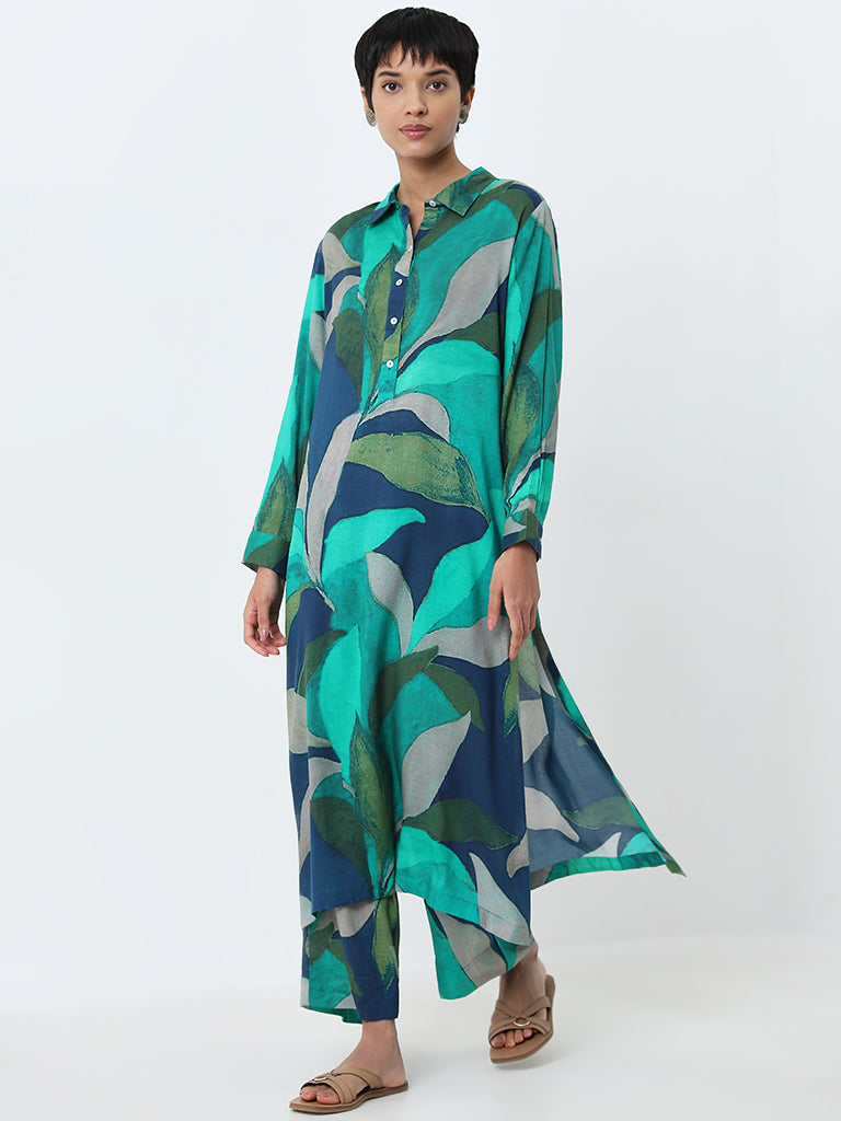 Utsa Aqua Leaf Printed Straight Kurta