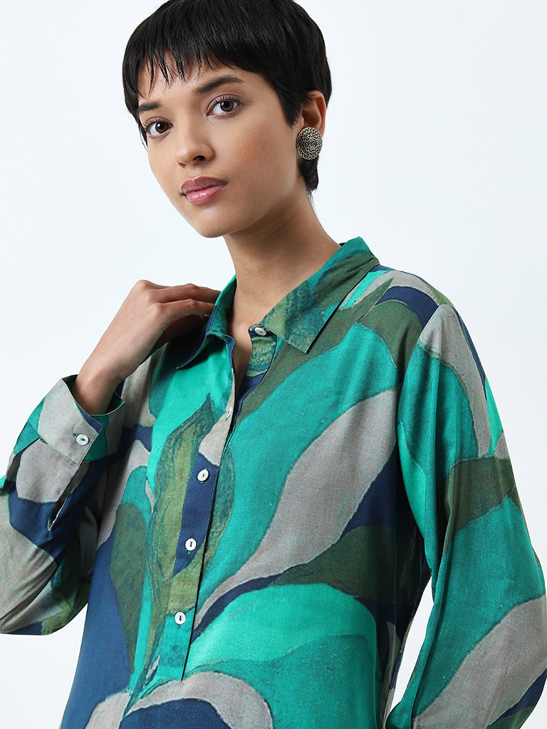 Utsa Aqua Leaf Printed Straight Kurta