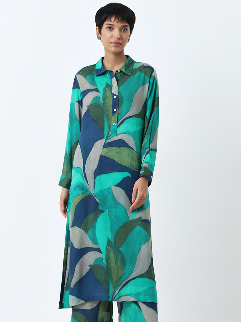 Utsa Aqua Leaf Printed Straight Kurta