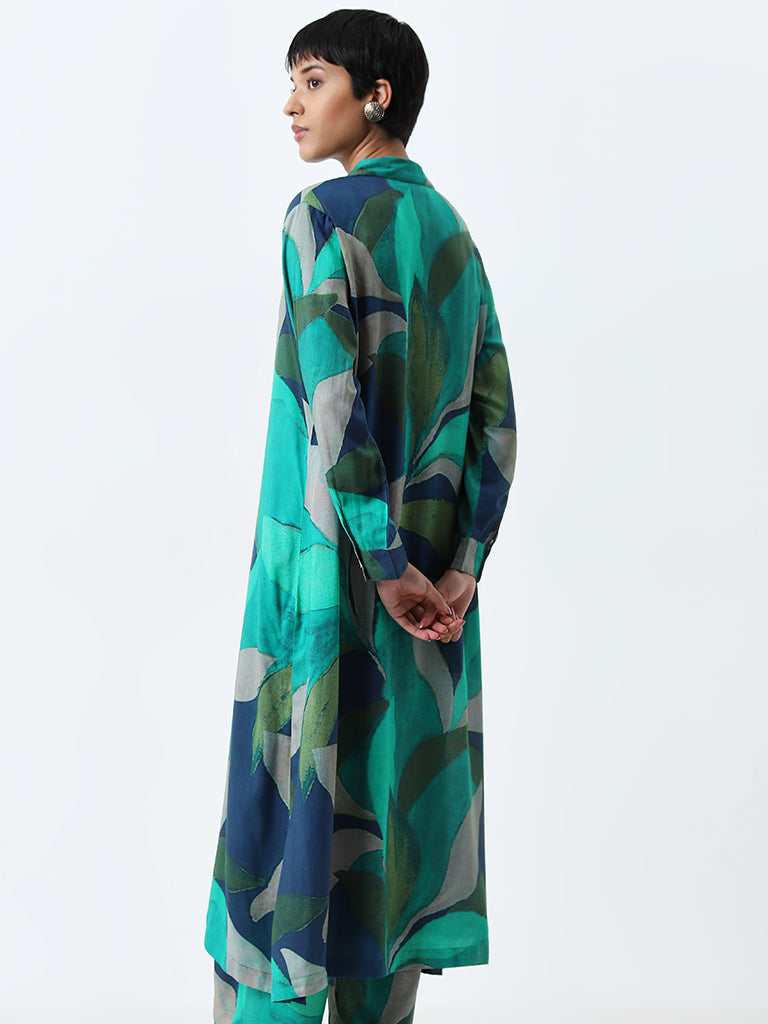 Utsa Aqua Leaf Printed Straight Kurta