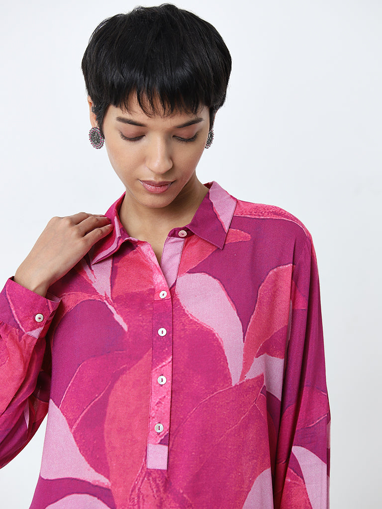 Utsa Fuchsia Leaf Printed Straight Kurta