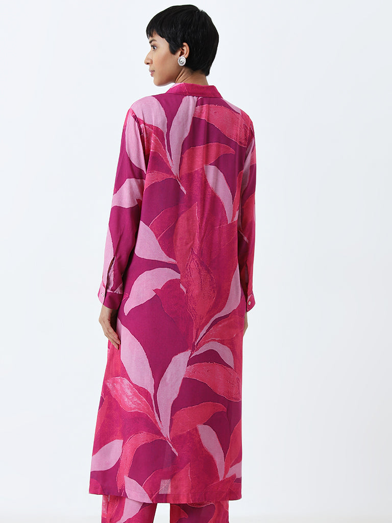 Utsa Fuchsia Leaf Printed Straight Kurta