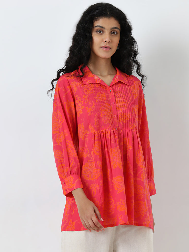 Utsa Pink Floral Pintuck Fit and Flare Cotton Kurti