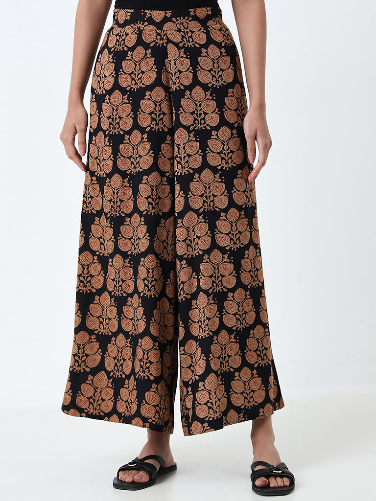 Utsa Brown Foliage Printed High-Rise Palazzos