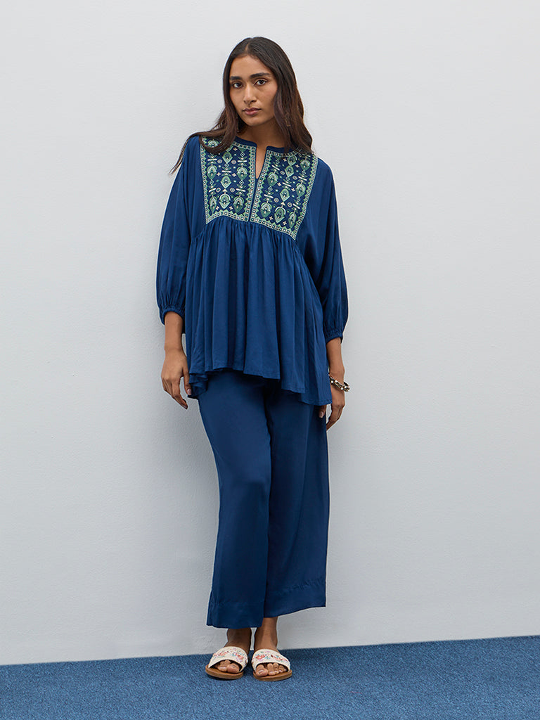 Utsa Indigo Solid Mid-Rise Ethnic Pants