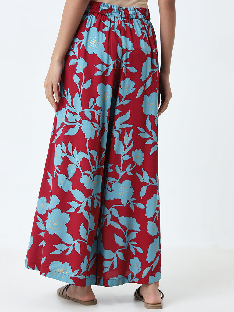 Utsa Maroon Floral Printed High-Rise Palazzos