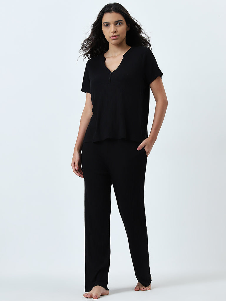 Wunderlove Black Supersoft Ribbed Textured High-Rise Pants