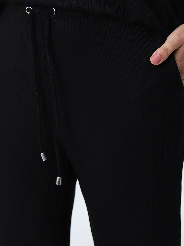 Wunderlove Black Supersoft Ribbed Textured High-Rise Pants