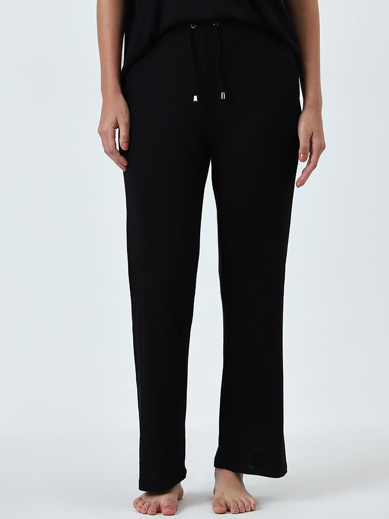 Wunderlove Black Supersoft Ribbed Textured High-Rise Pants