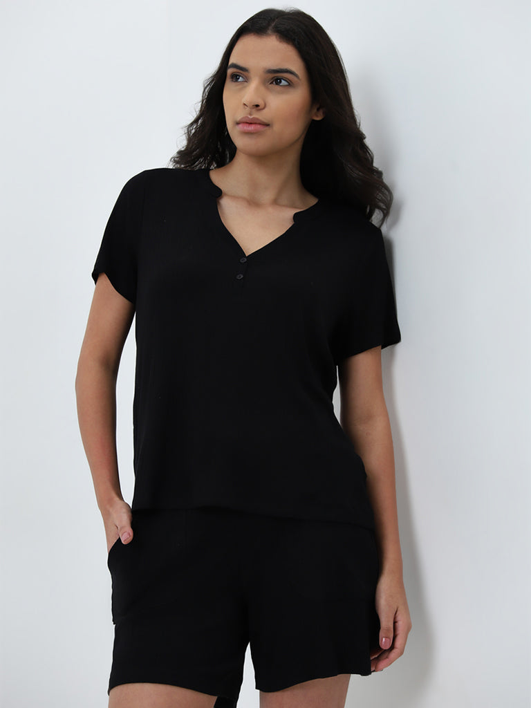 Wunderlove Black Supersoft Ribbed Textured Henley Top