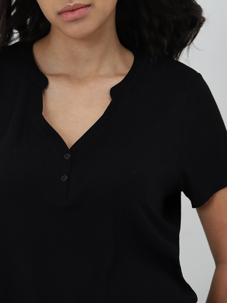 Wunderlove Black Supersoft Ribbed Textured Henley Top