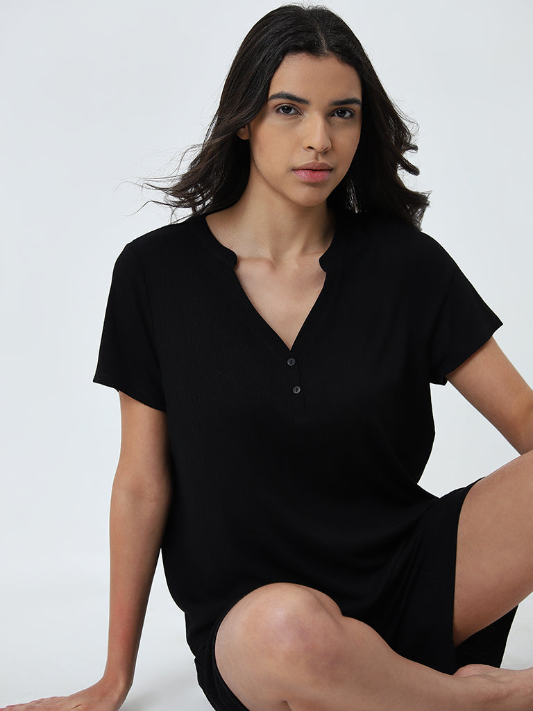 Wunderlove Black Supersoft Ribbed Textured Henley Top