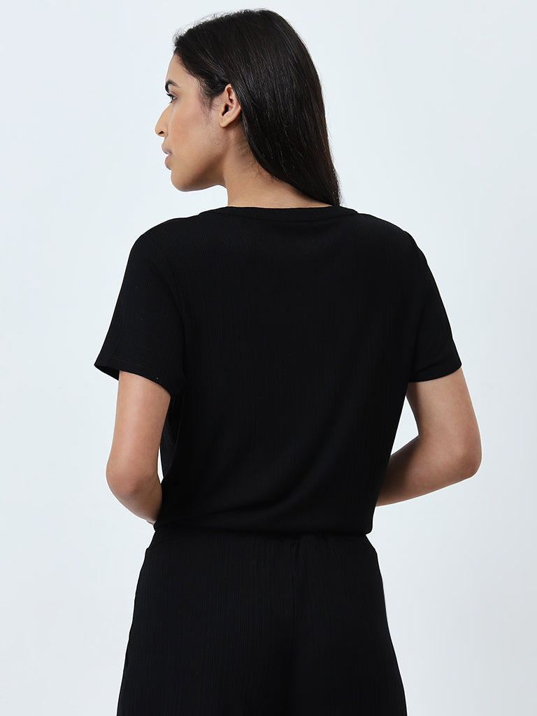 Wunderlove Black Supersoft Ribbed Textured Henley Top