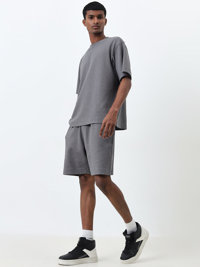 Studiofit Grey Textured Relaxed-Fit Mid-Rise Shorts